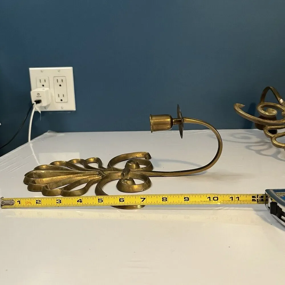 Solid Brass Wall Mounted Sconces Pair Scroll Design 90’s Single Candlestick